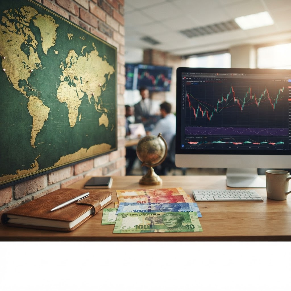 Forex trading in South Africa with Rand banknotes and global currency market charts